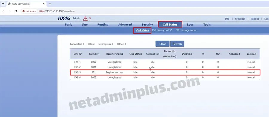 Call Status در گیتوی FXS نیوراک