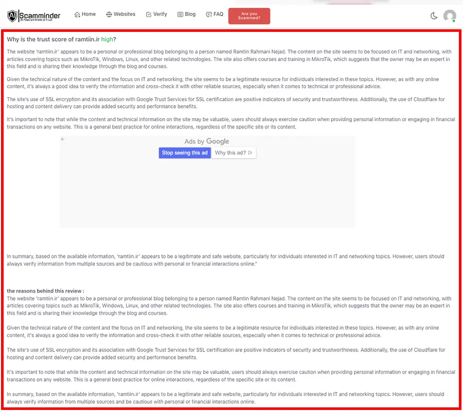 نتایج بررسی هوش مصنوعی ScamMinder از وبسایت